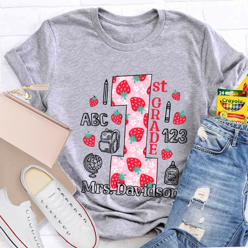 Personalized Name And Grade First Grade Strawberry Floret Globe T-shirt