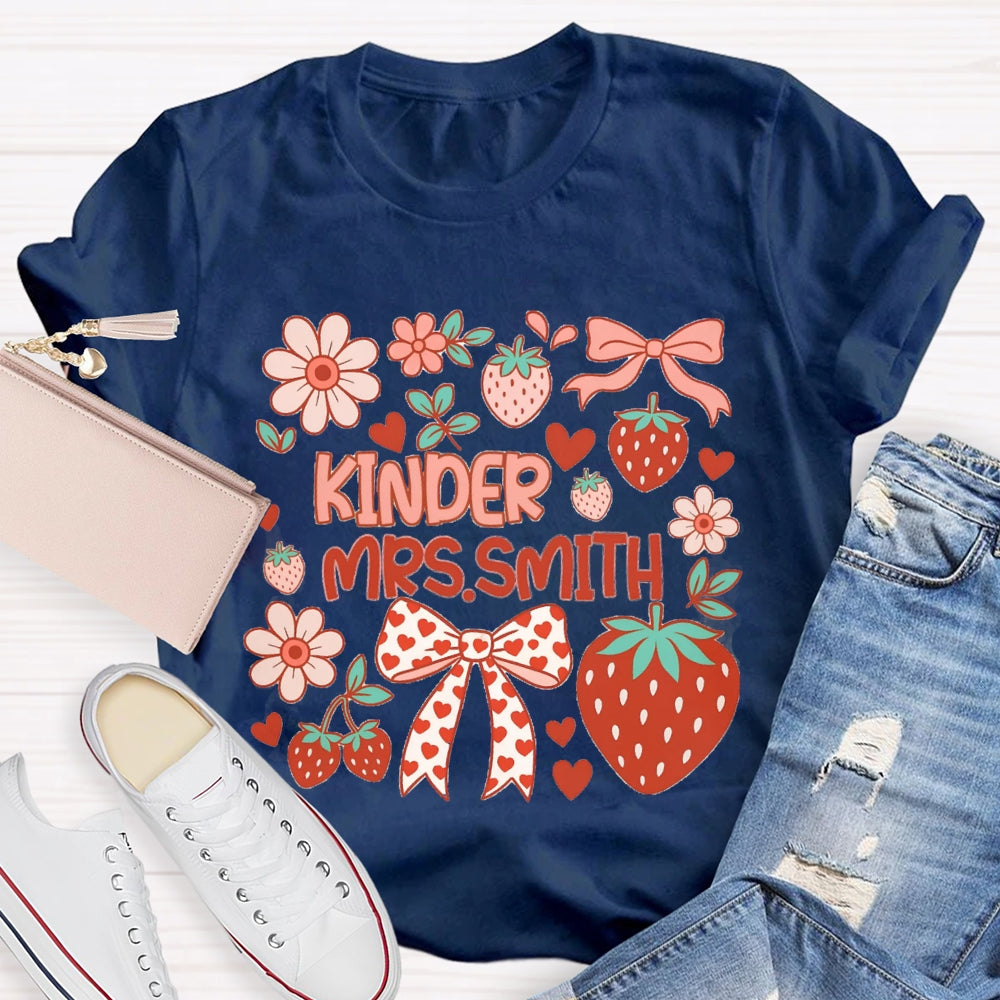 Personalized Name Kinder Heart Bow Strawberries And Flowers T-shirt