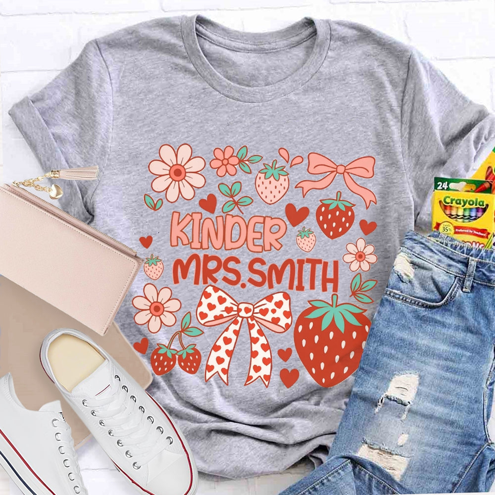 Personalized Name Kinder Heart Bow Strawberries And Flowers T-shirt