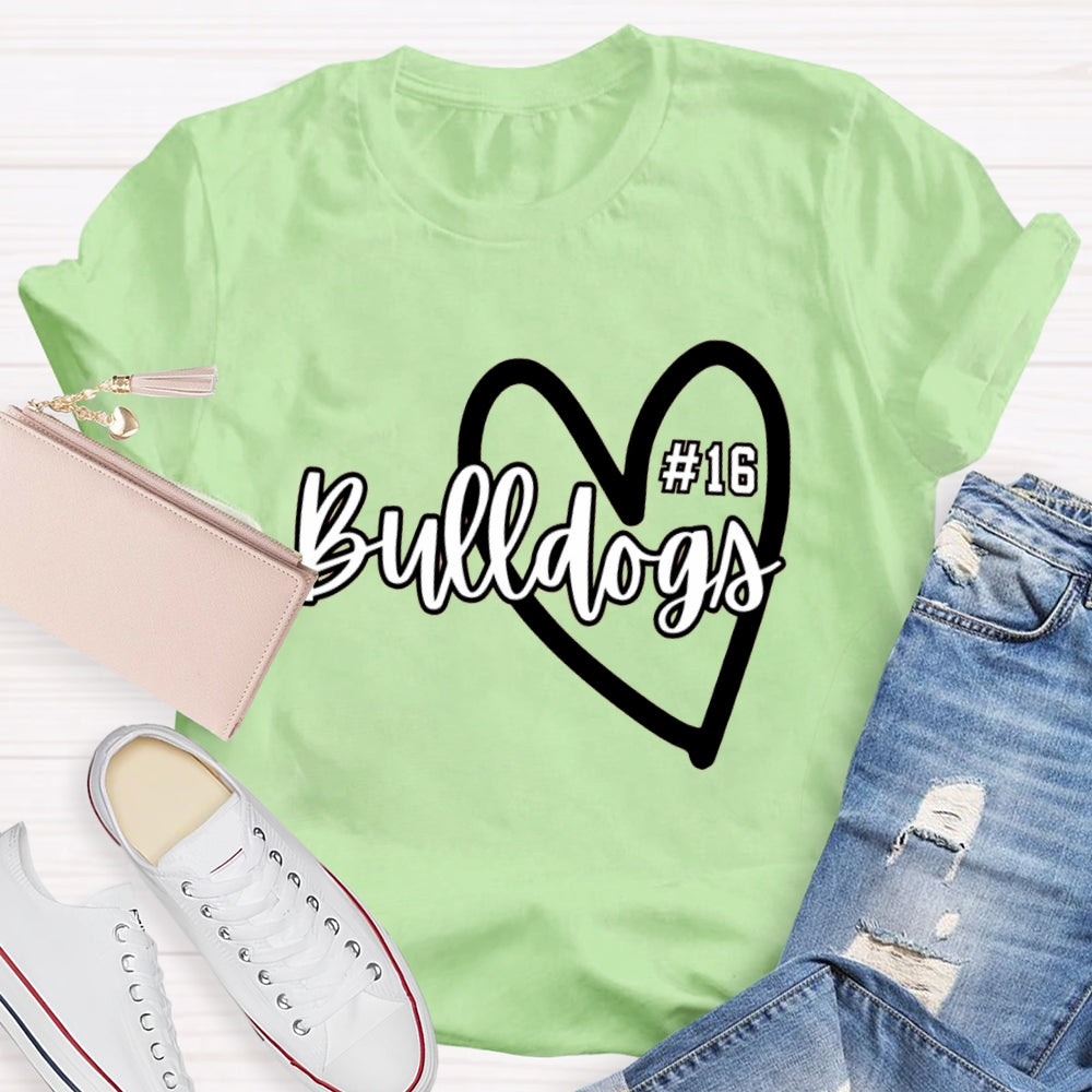 Personalized School Mascot And Number Bulldogs Heart T-shirt
