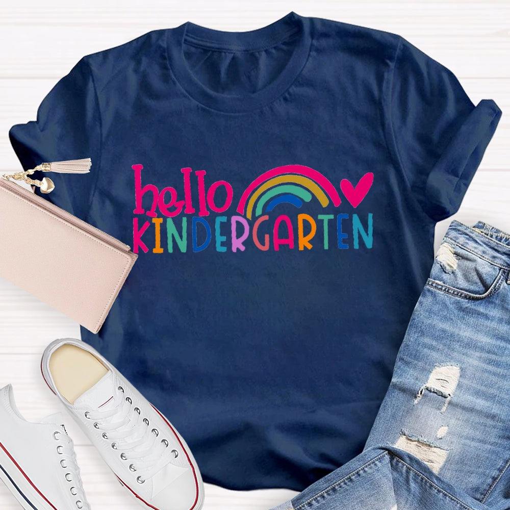 Personalized Grade Hello Kindergarten Pink Heart Rainbow Print T-shirt