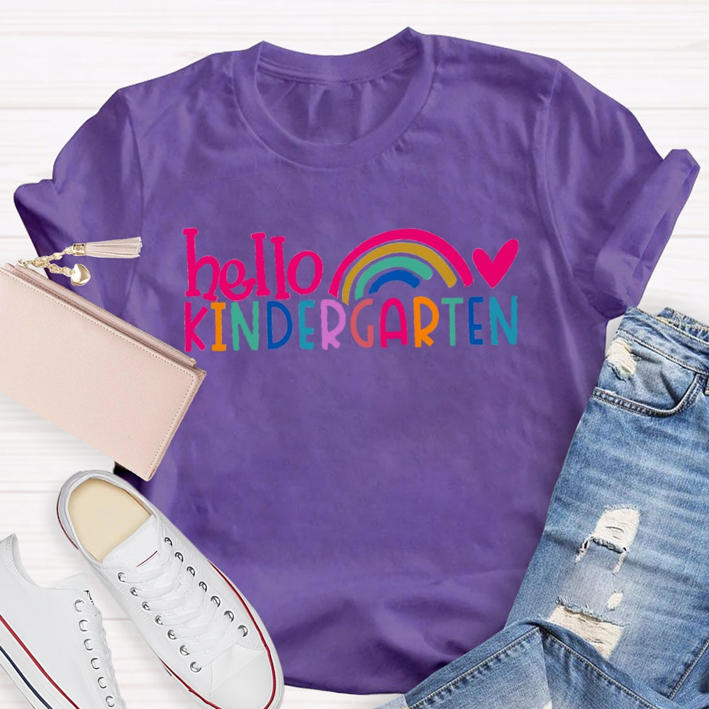 Personalized Grade Hello Kindergarten Pink Heart Rainbow Print T-shirt