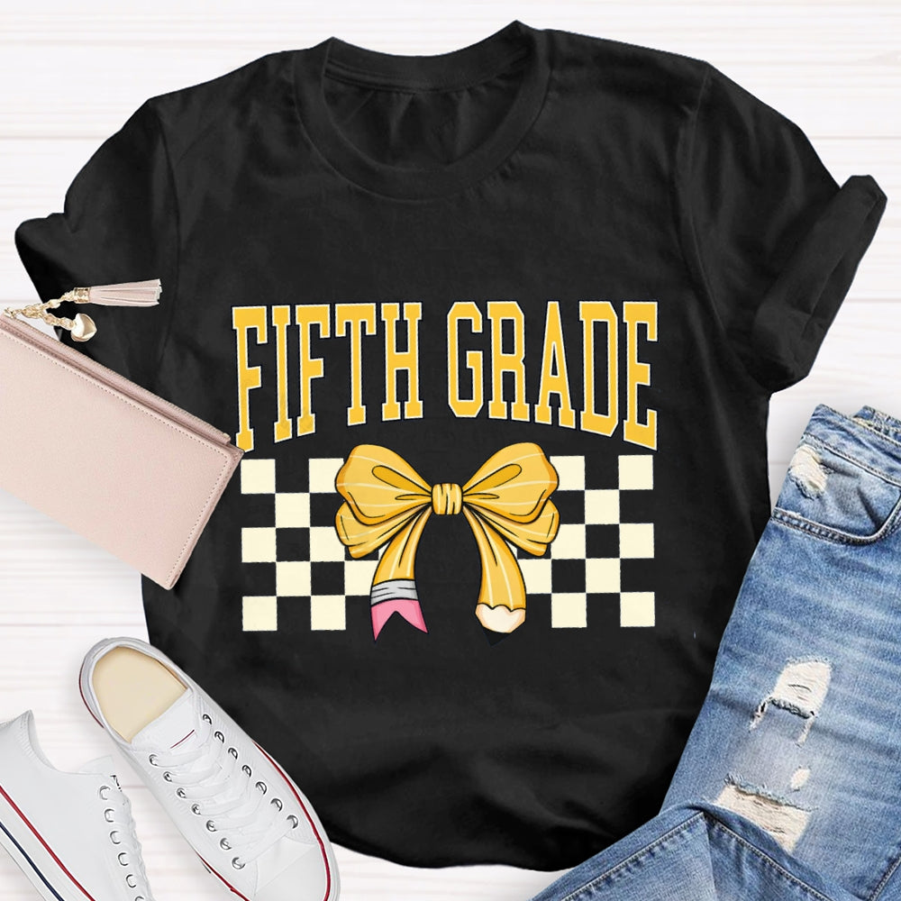 Personalized Grade Fifth Grade Yellow Bow Teacher T-shirt