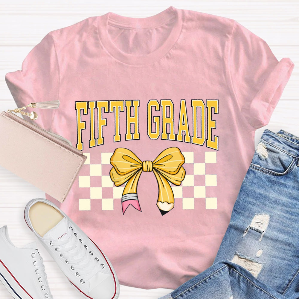 Personalized Grade Fifth Grade Yellow Bow Teacher T-shirt