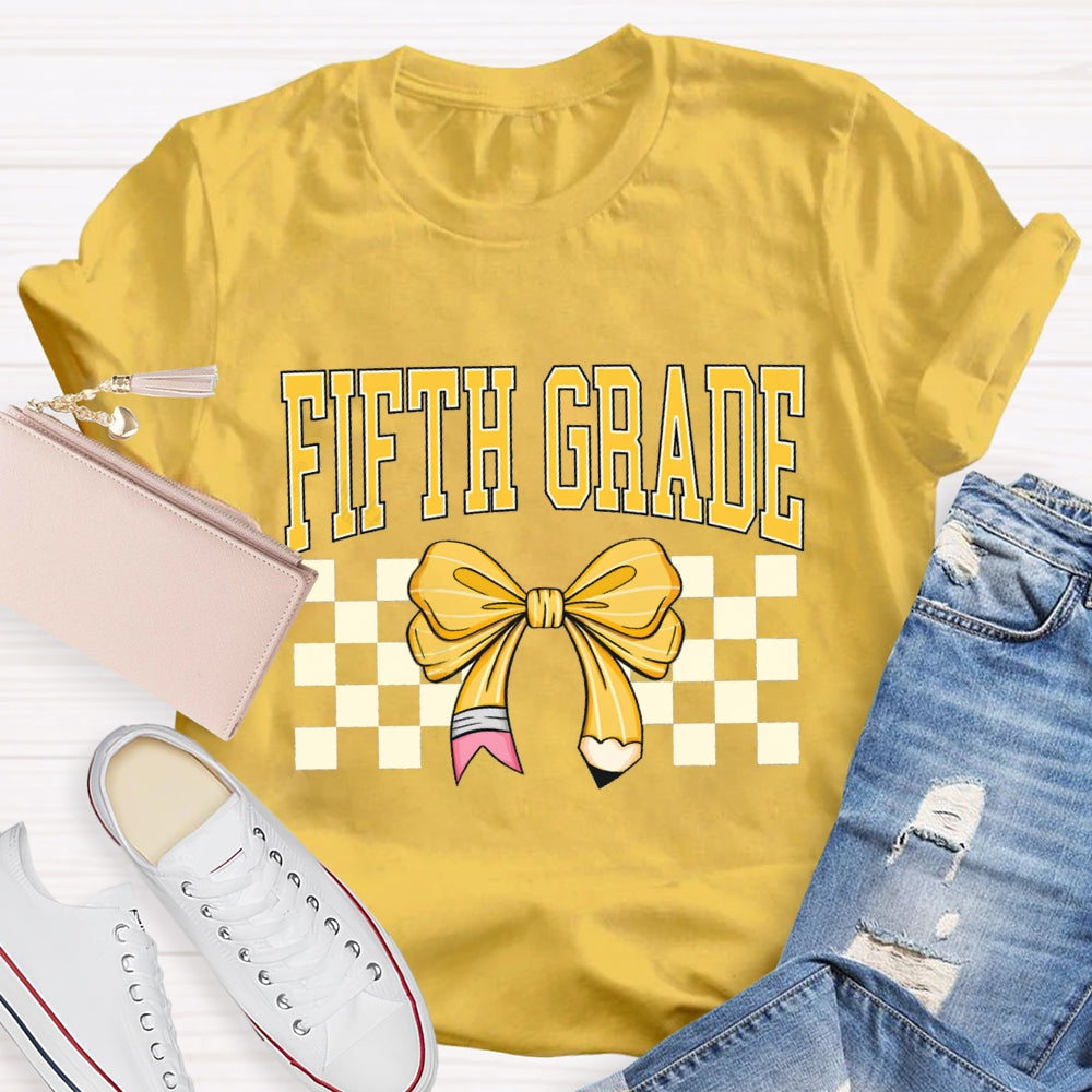 Personalized Grade Fifth Grade Yellow Bow Teacher T-shirt