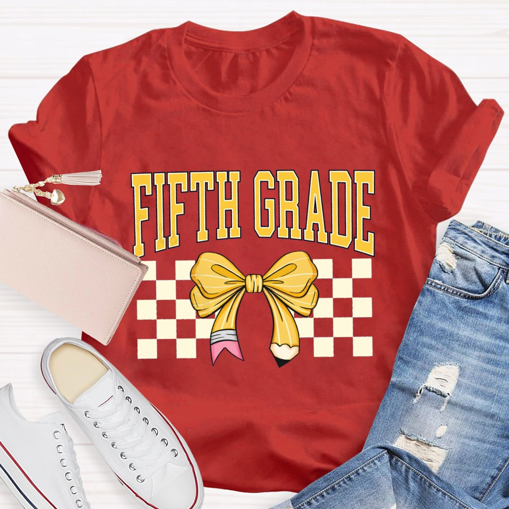 Personalized Grade Fifth Grade Yellow Bow Teacher T-shirt