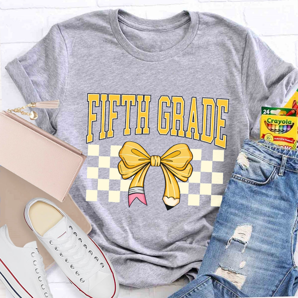 Personalized Grade Fifth Grade Yellow Bow Teacher T-shirt