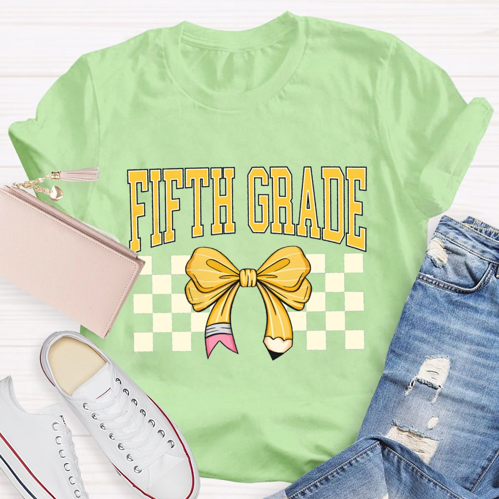Personalized Grade Fifth Grade Yellow Bow Teacher T-shirt