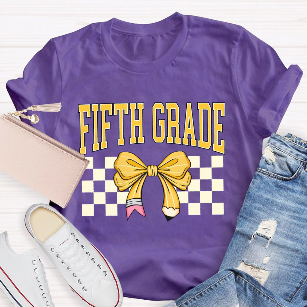 Personalized Grade Fifth Grade Yellow Bow Teacher T-shirt