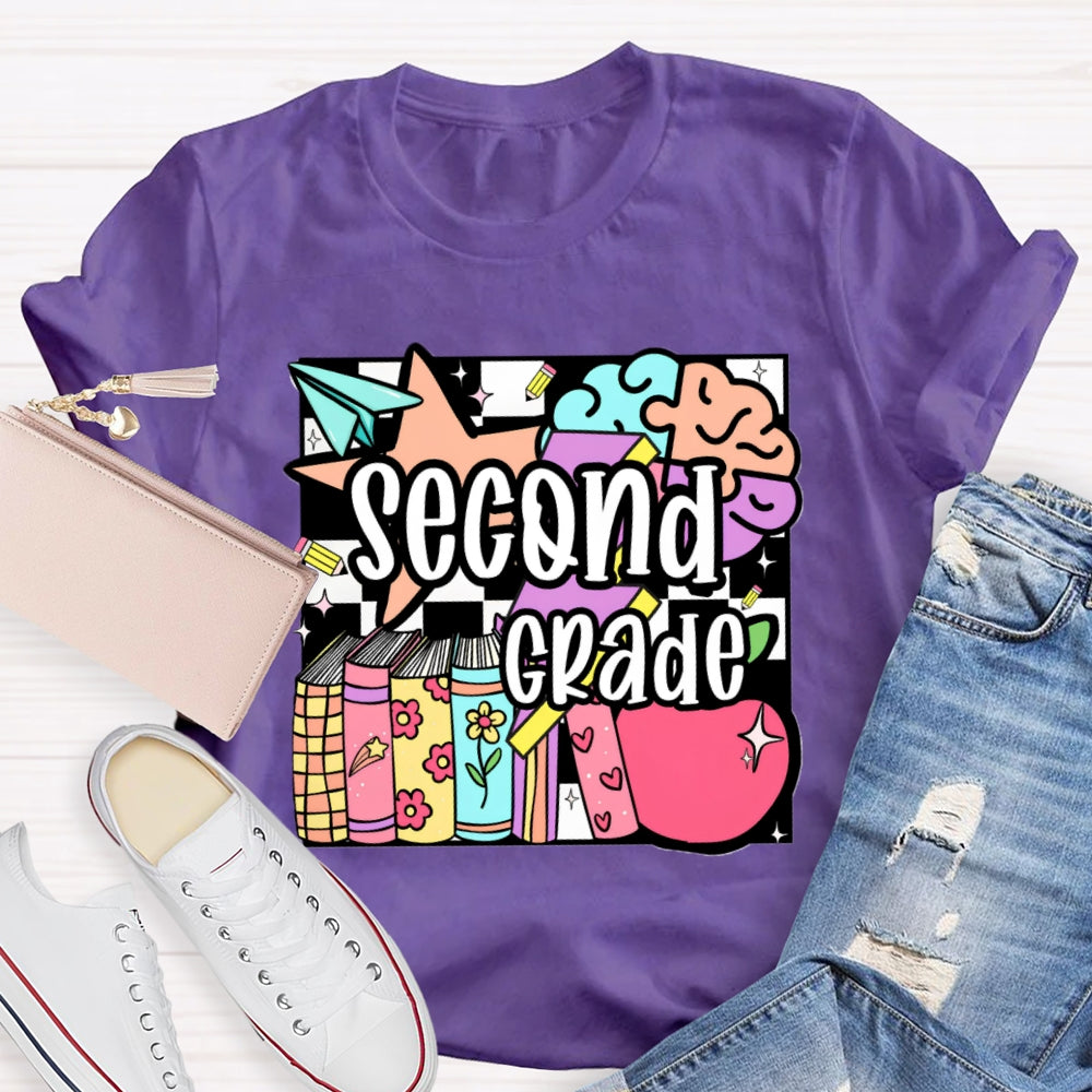Personalized Grade Second Grade Colored Crayons Teacher T-shirt