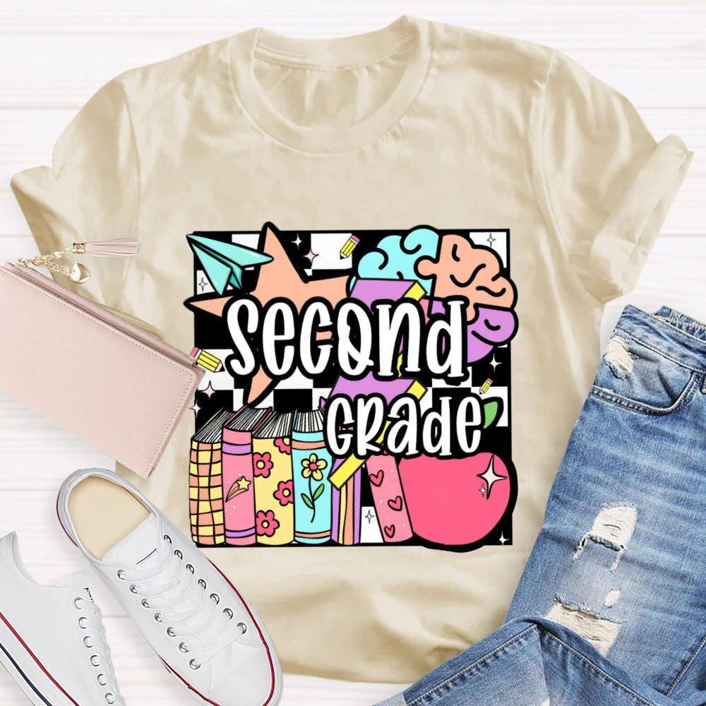 Personalized Grade Second Grade Colored Crayons Teacher T-shirt