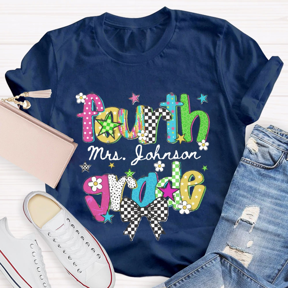 Personalized Name And Grade Fourth Grade Bow Teacher T-shirt