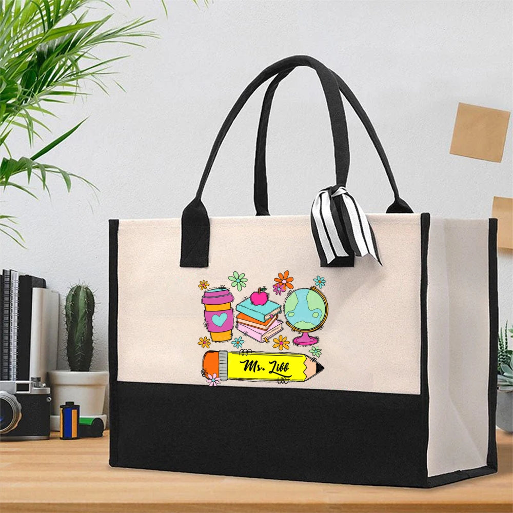 Personalized Name Coffee Color Block Back To School Cotton Tote Bag