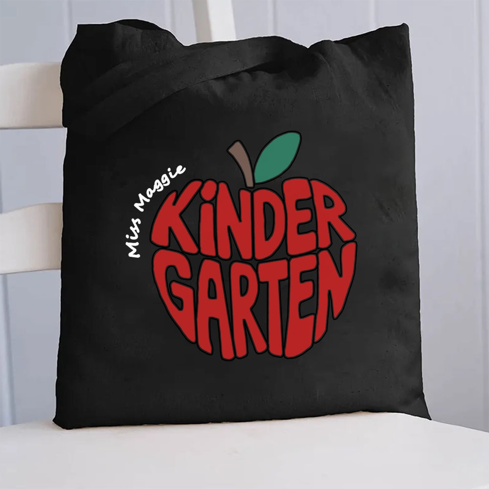 Personalized Kinder Garden Teacher Name Red Apple Canvas Tote Bag