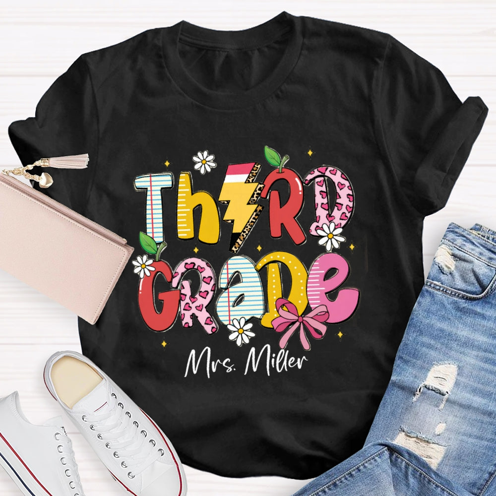 Personalized Grade And Name Pink Heart Apple Pencil T-shirt