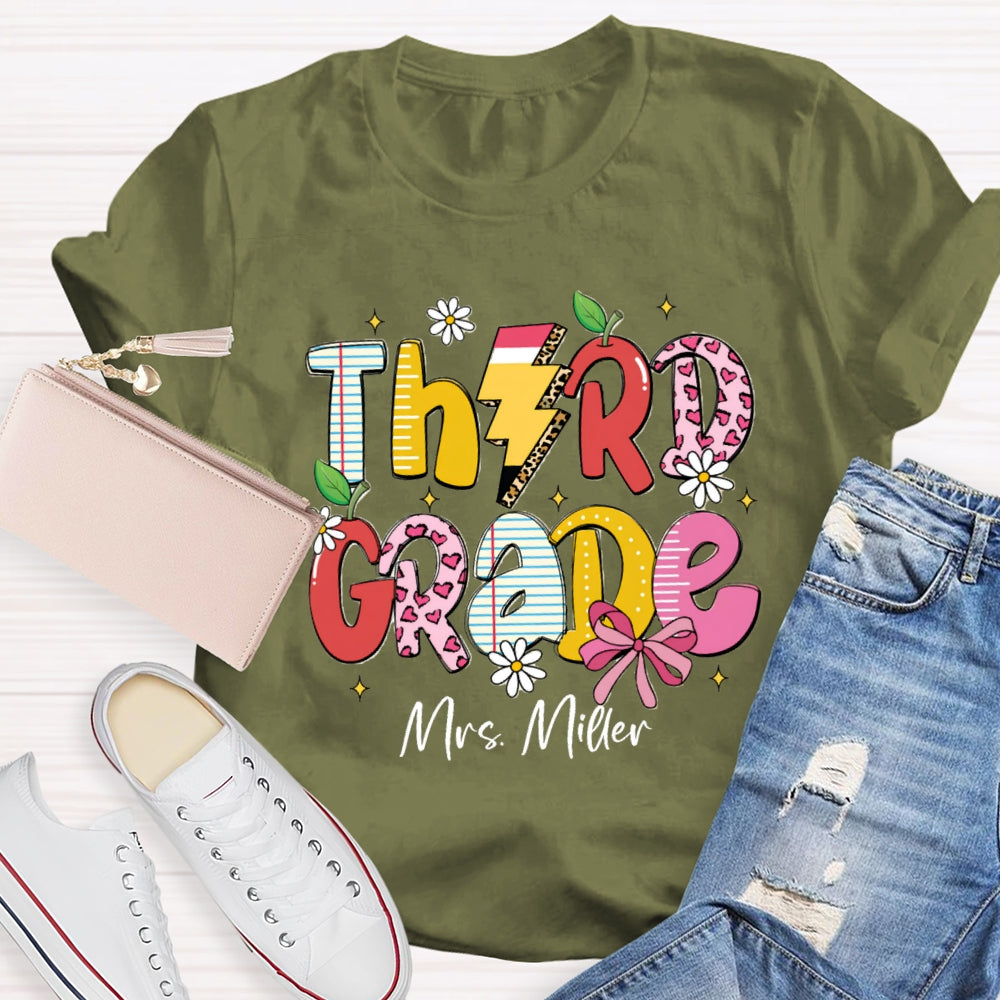 Personalized Grade And Name Pink Heart Apple Pencil T-shirt