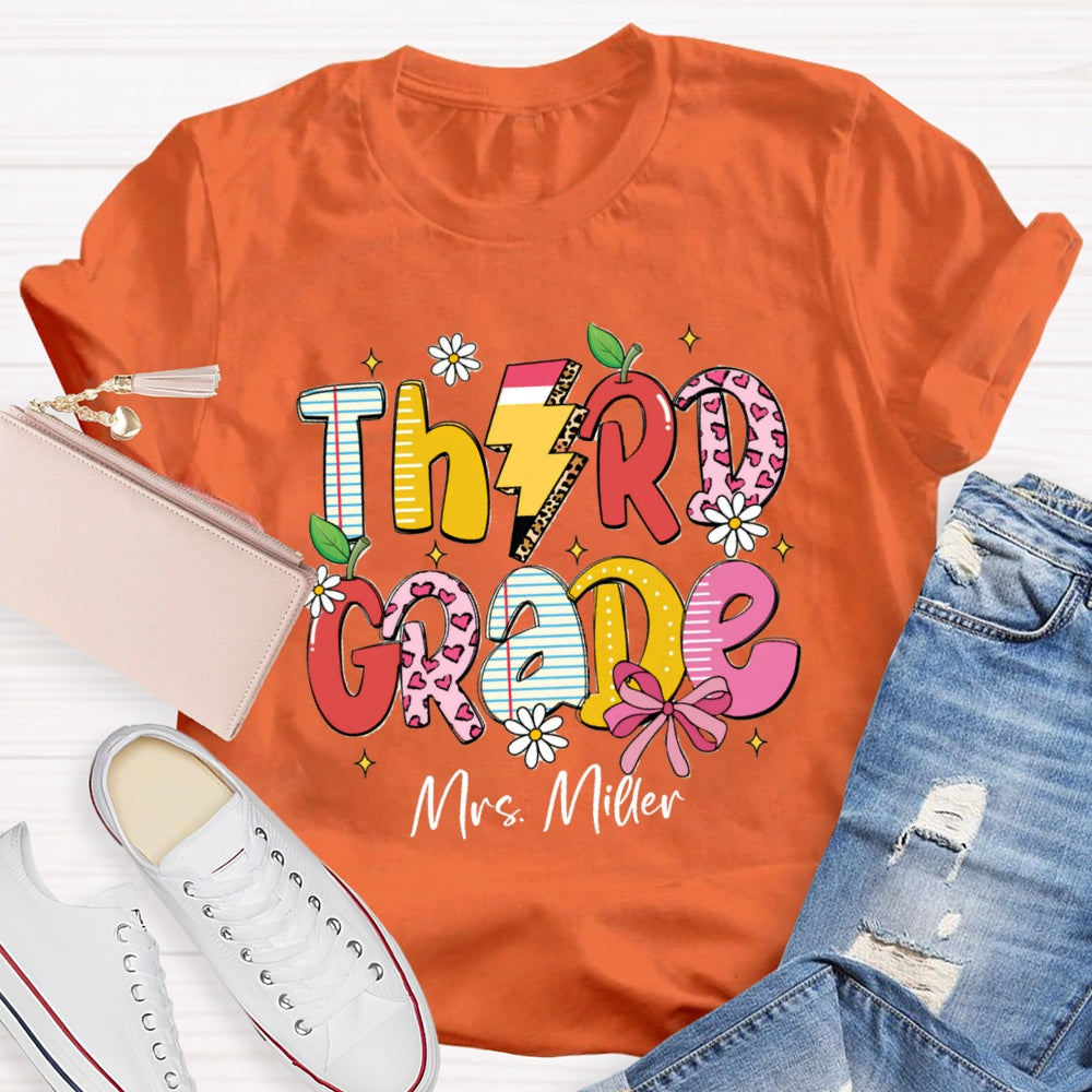 Personalized Grade And Name Pink Heart Apple Pencil T-shirt