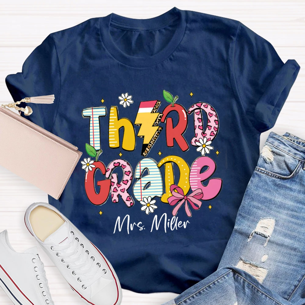 Personalized Grade And Name Pink Heart Apple Pencil T-shirt
