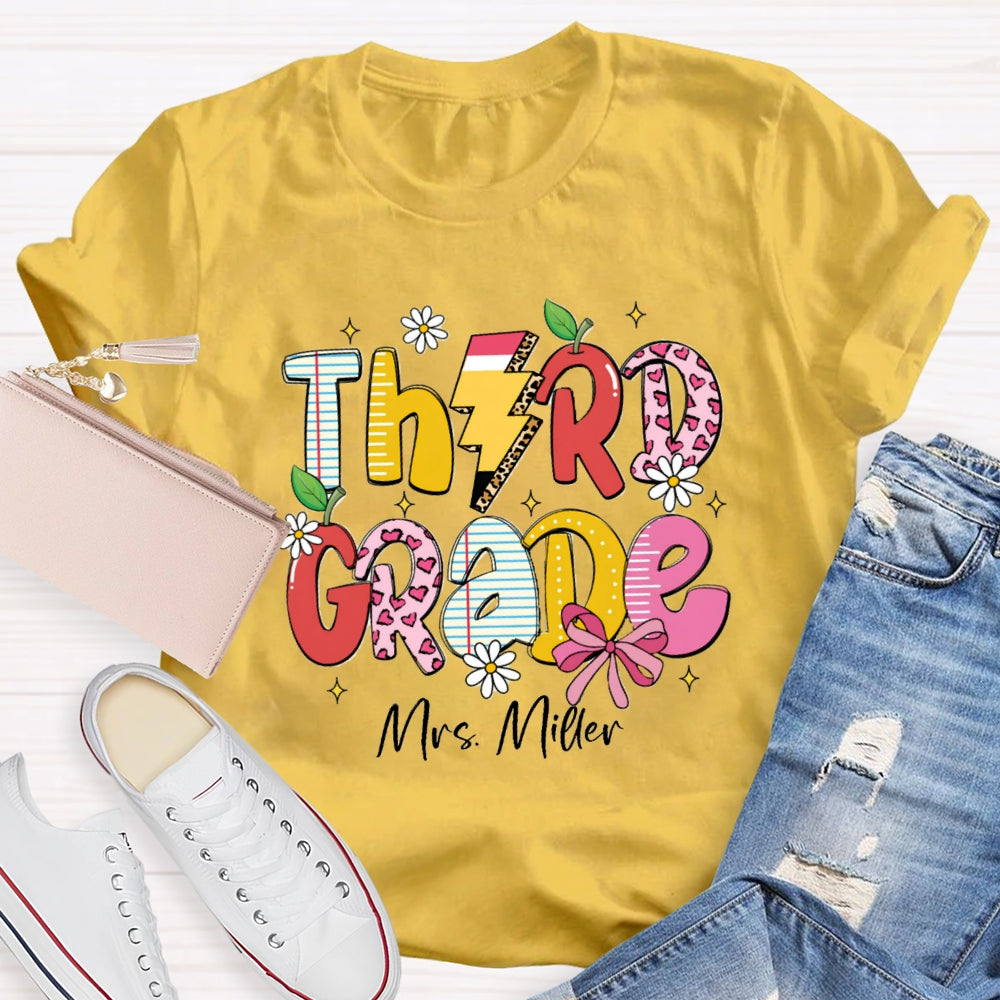 Personalized Grade And Name Pink Heart Apple Pencil T-shirt
