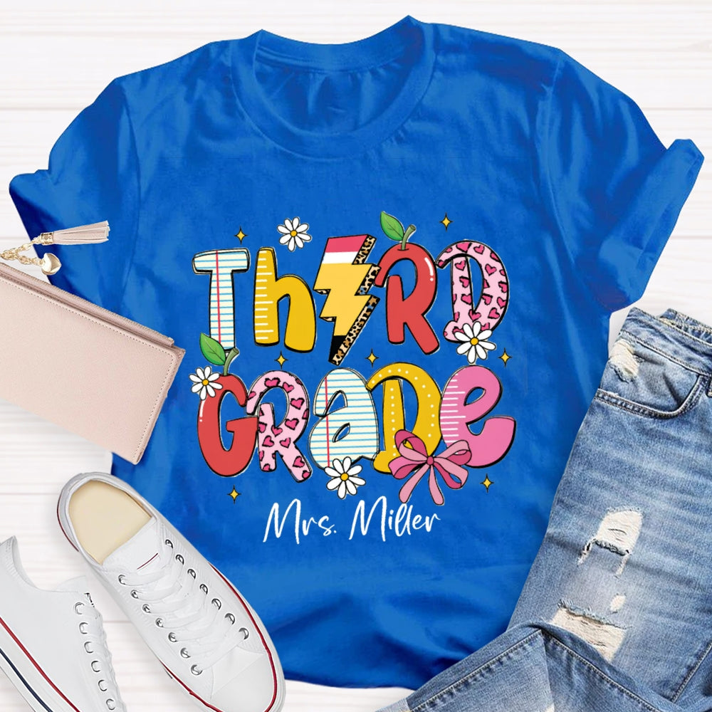 Personalized Grade And Name Pink Heart Apple Pencil T-shirt