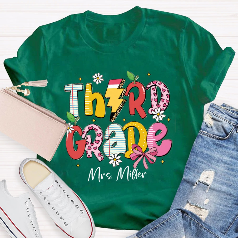 Personalized Grade And Name Pink Heart Apple Pencil T-shirt