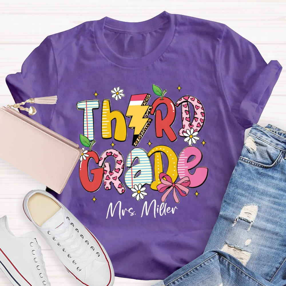 Personalized Grade And Name Pink Heart Apple Pencil T-shirt