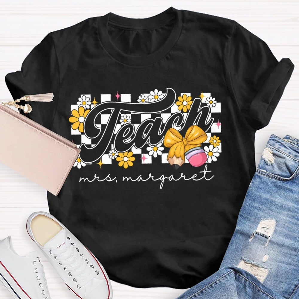 Personalized Name Yellow Flowers And Bow Teacher T-shirt