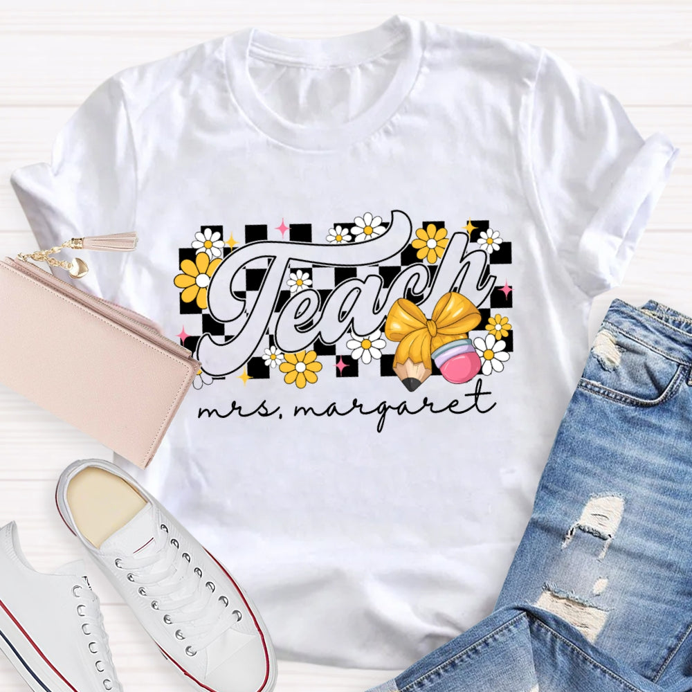 Personalized Name Yellow Flowers And Bow Teacher T-shirt
