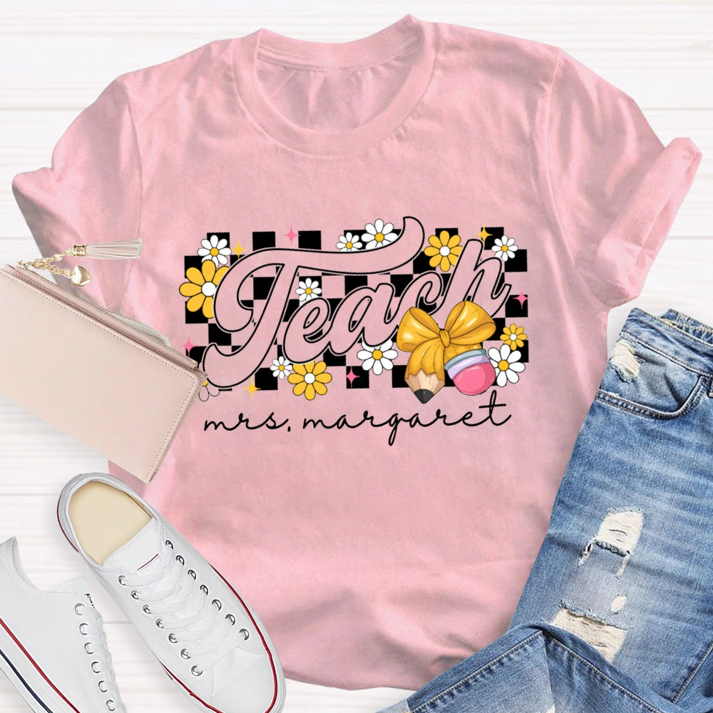 Personalized Name Yellow Flowers And Bow Teacher T-shirt