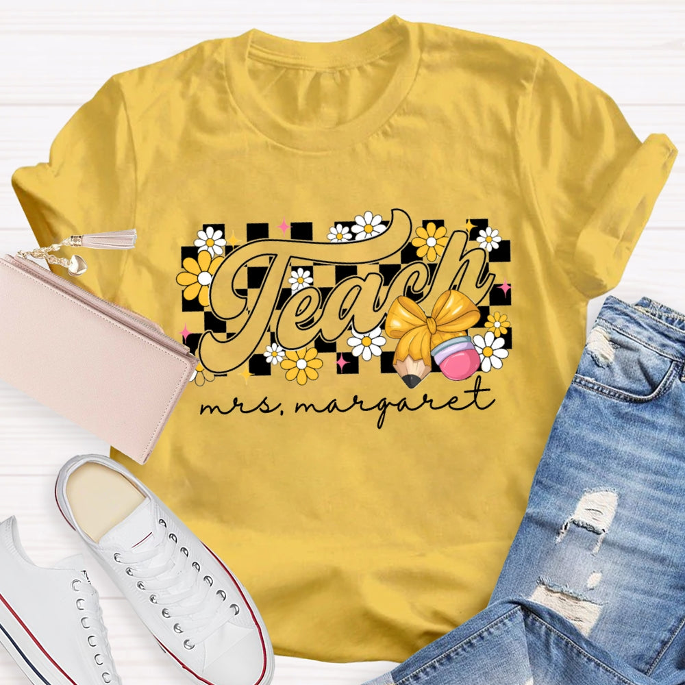 Personalized Name Yellow Flowers And Bow Teacher T-shirt