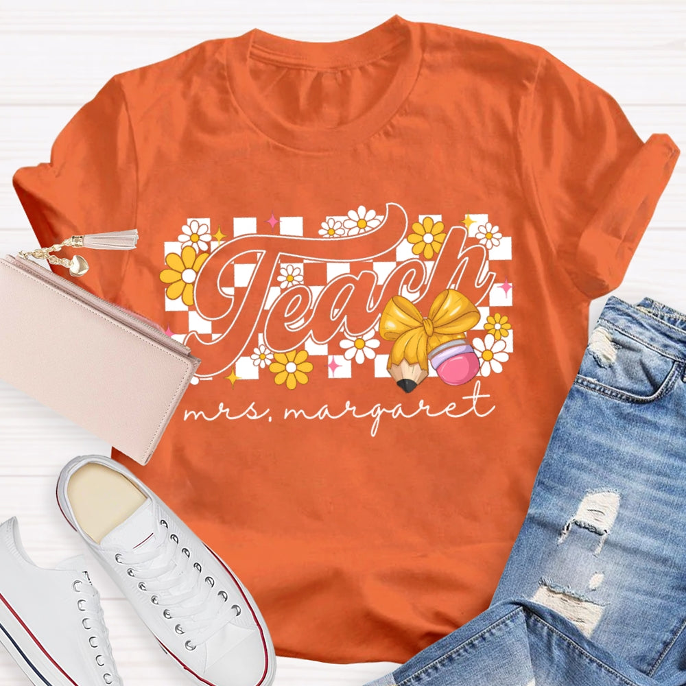 Personalized Name Yellow Flowers And Bow Teacher T-shirt