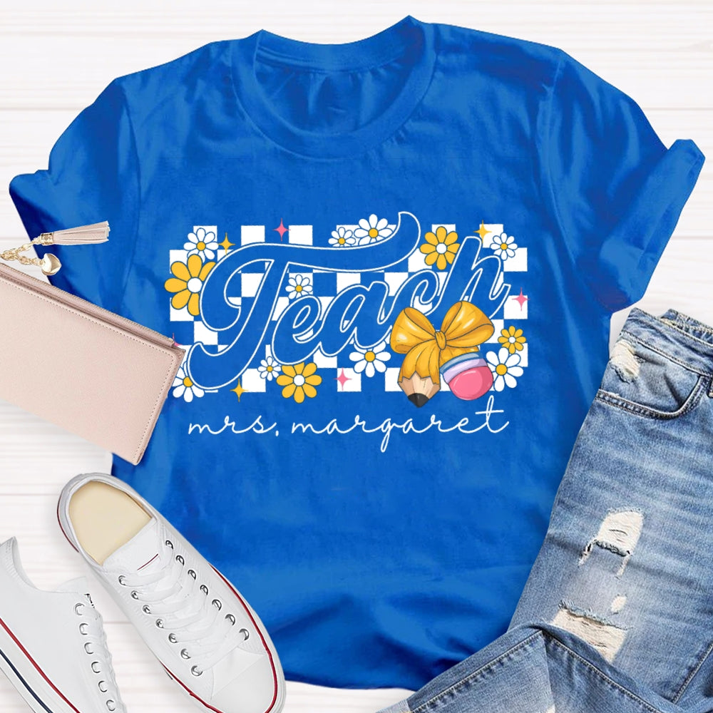 Personalized Name Yellow Flowers And Bow Teacher T-shirt