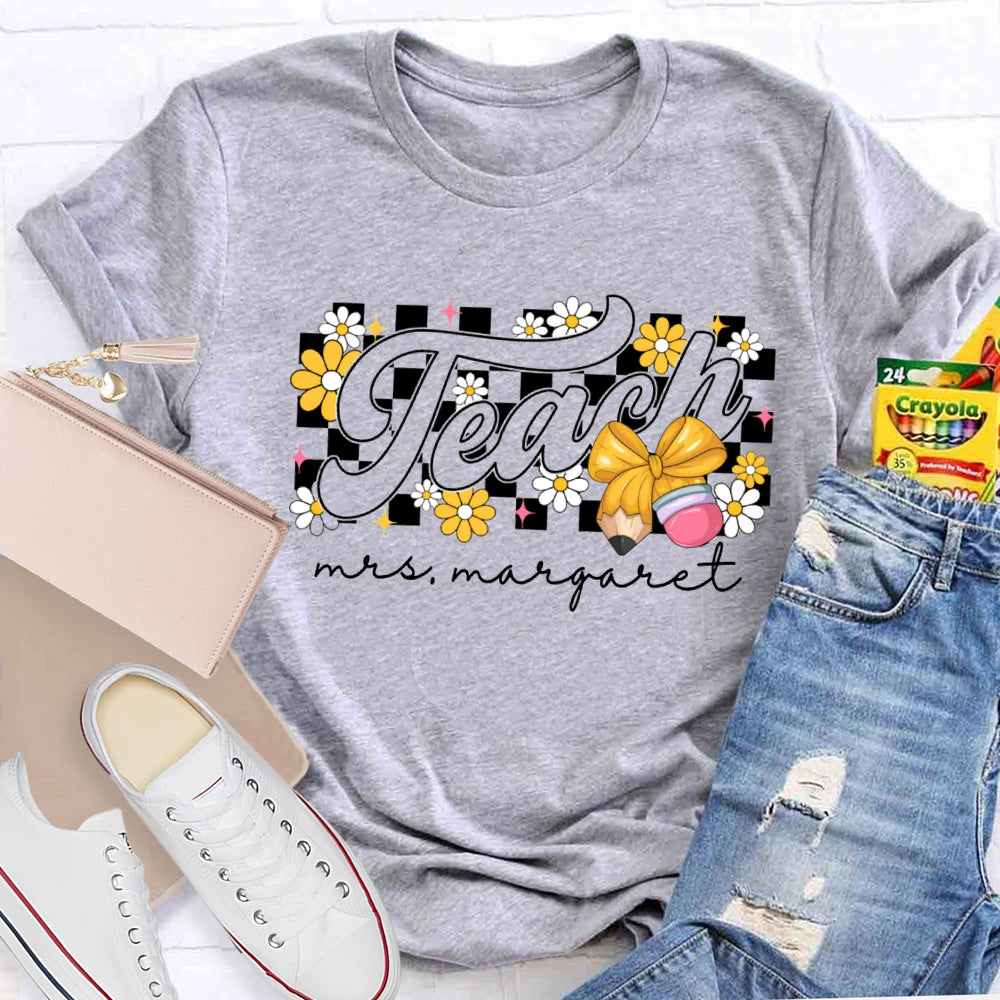 Personalized Name Yellow Flowers And Bow Teacher T-shirt