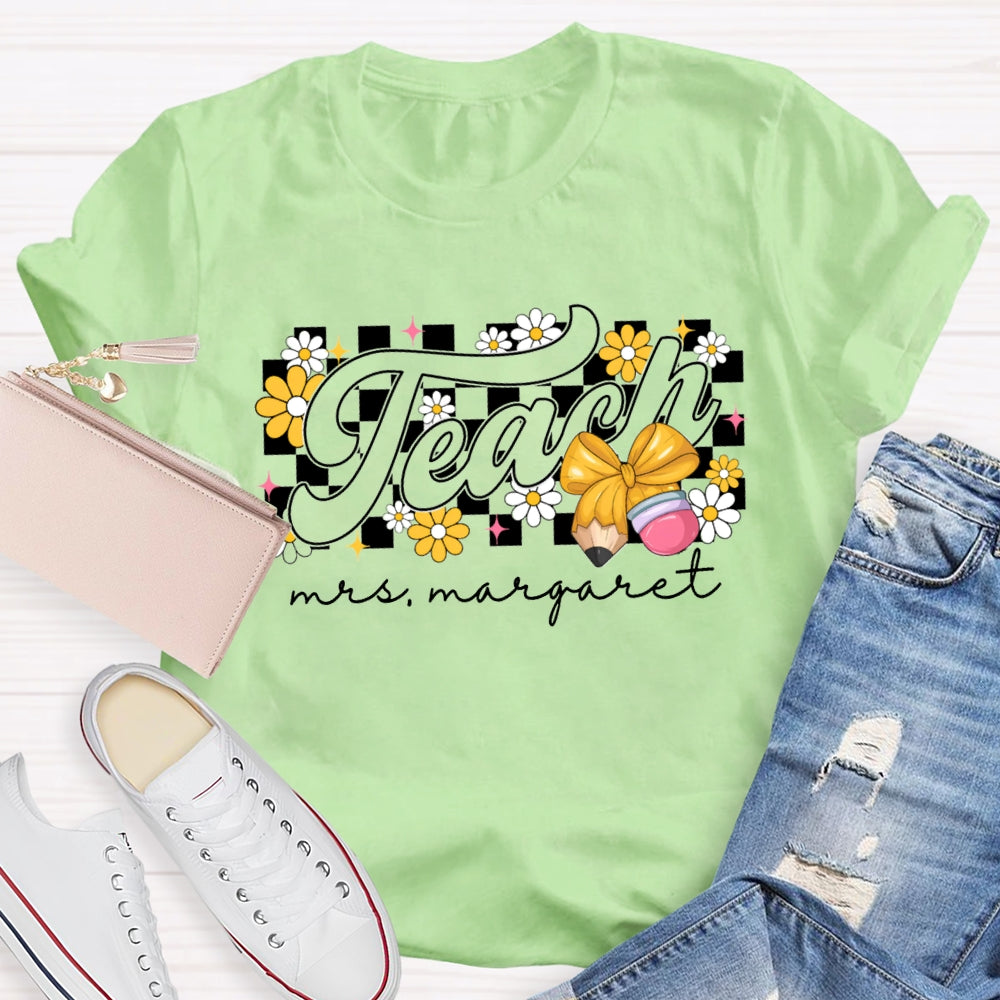 Personalized Name Yellow Flowers And Bow Teacher T-shirt