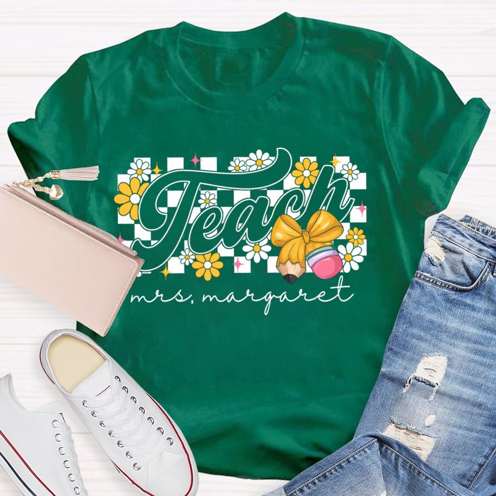Personalized Name Yellow Flowers And Bow Teacher T-shirt