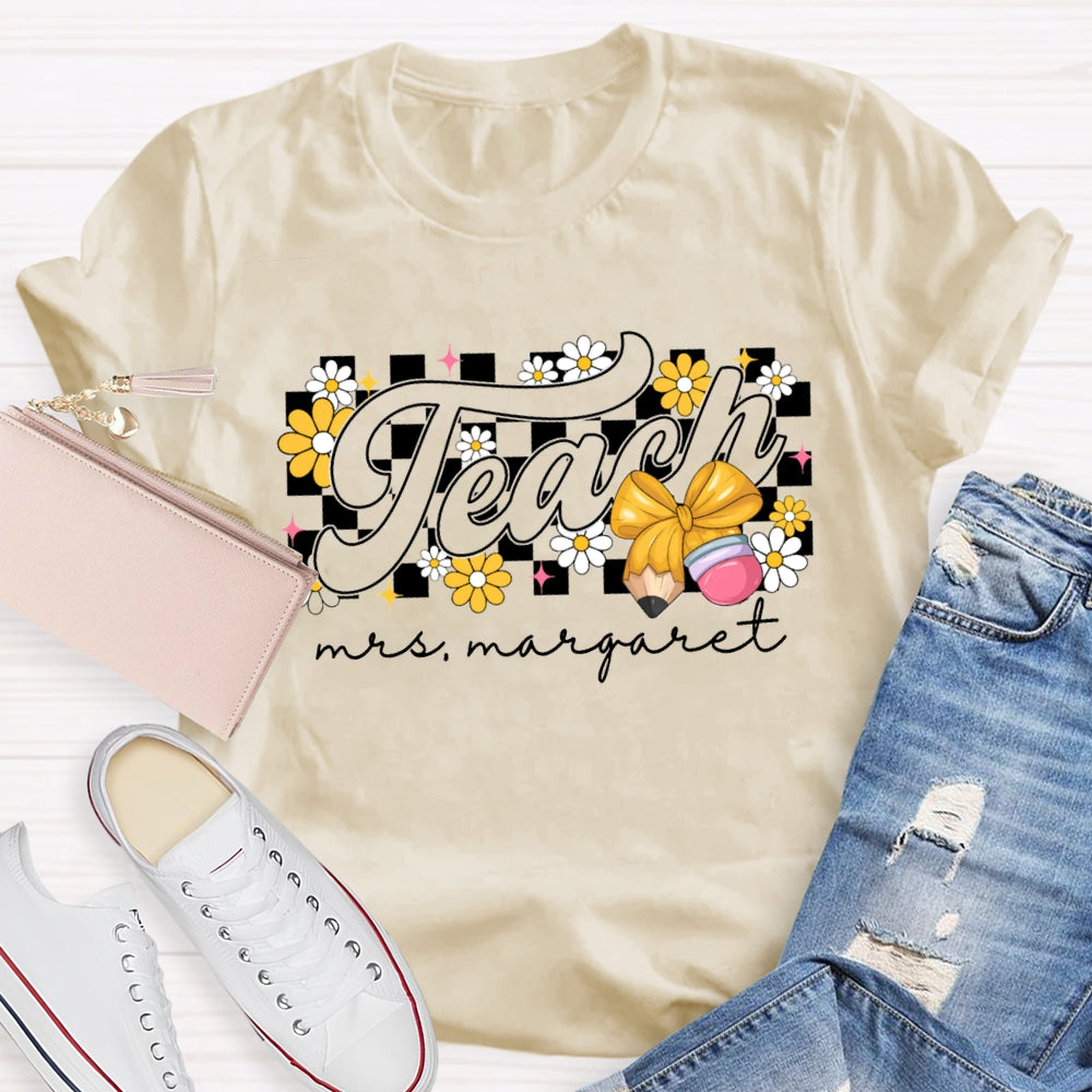 Personalized Name Yellow Flowers And Bow Teacher T-shirt