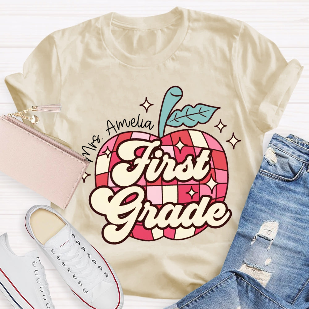 Personalized Name And Grade First Grade Red Checkered Apple Pattern T-shirt