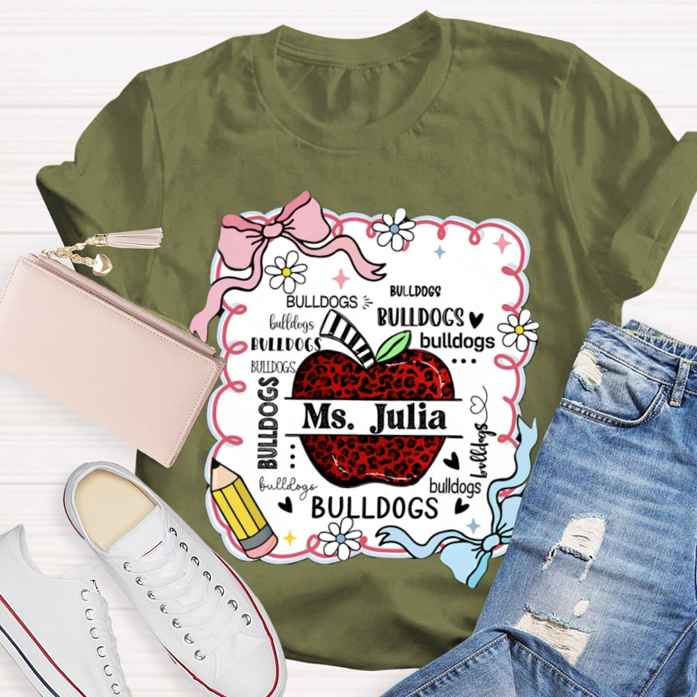Personalized Name And Mascot Bulldogs Red Leopard Apple T-shirt