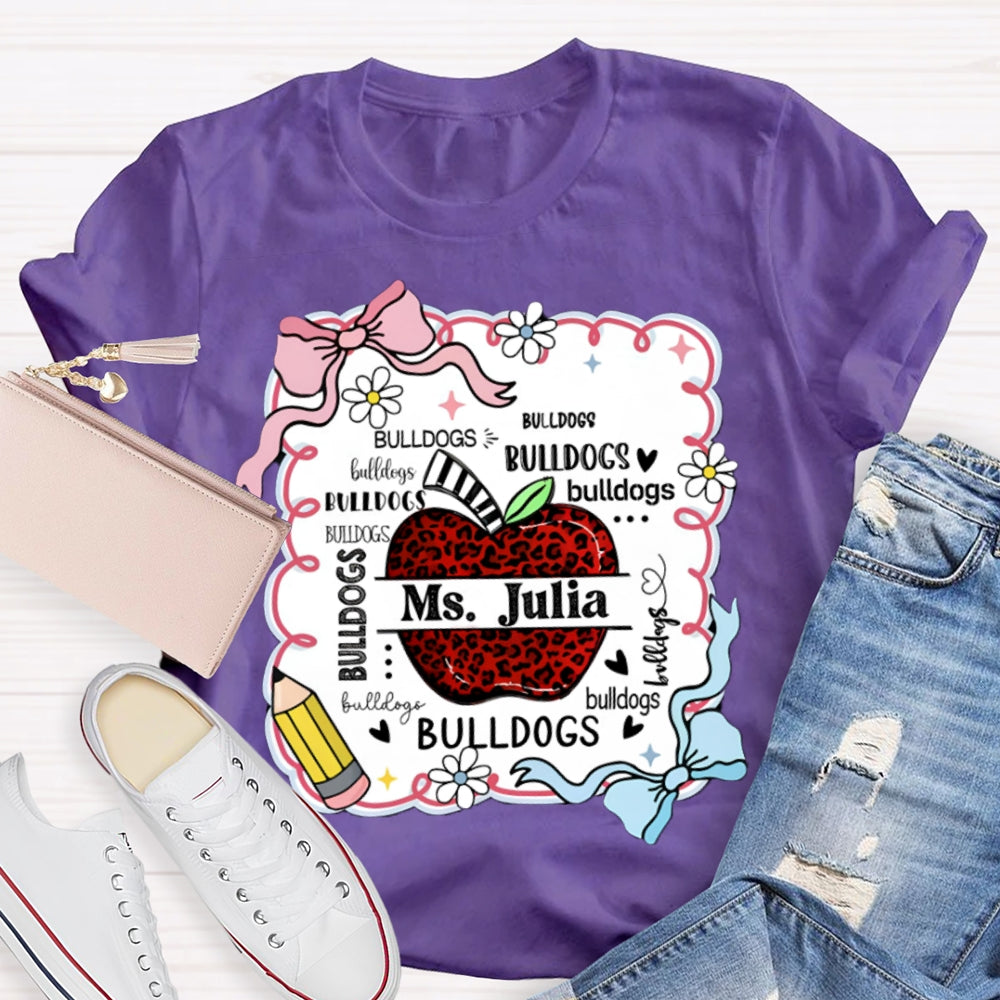 Personalized Name And Mascot Bulldogs Red Leopard Apple T-shirt