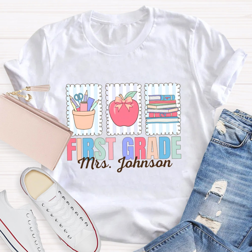 Personalized Name And Grade First Grade Apple And Books T-shirt