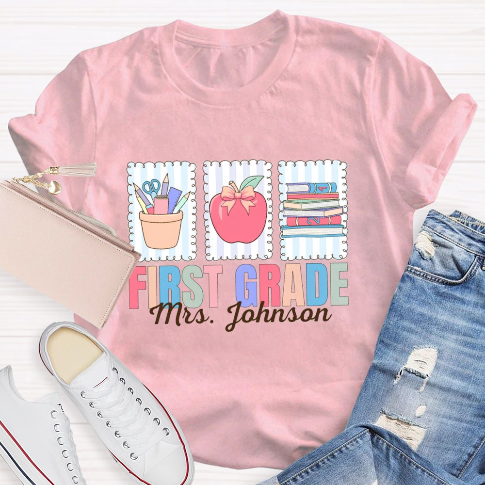 Personalized Name And Grade First Grade Apple And Books T-shirt