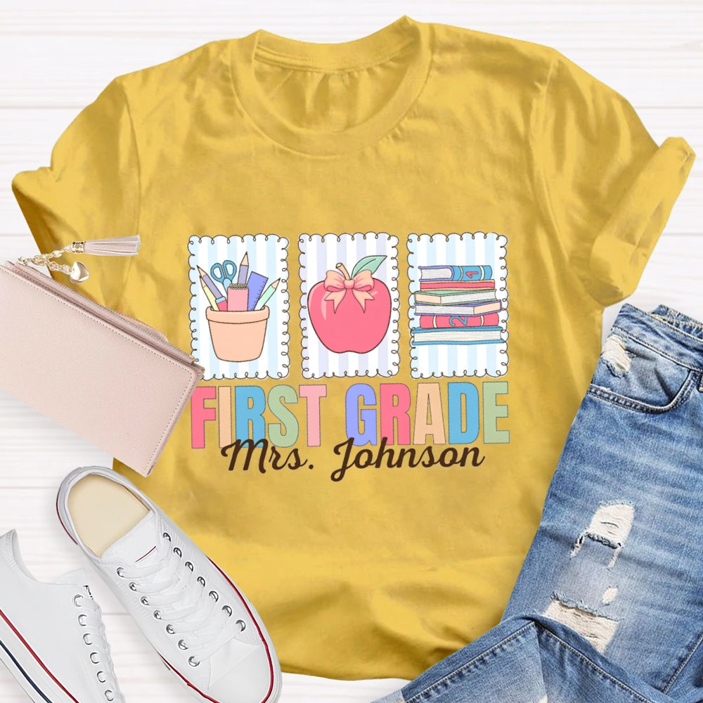 Personalized Name And Grade First Grade Apple And Books T-shirt