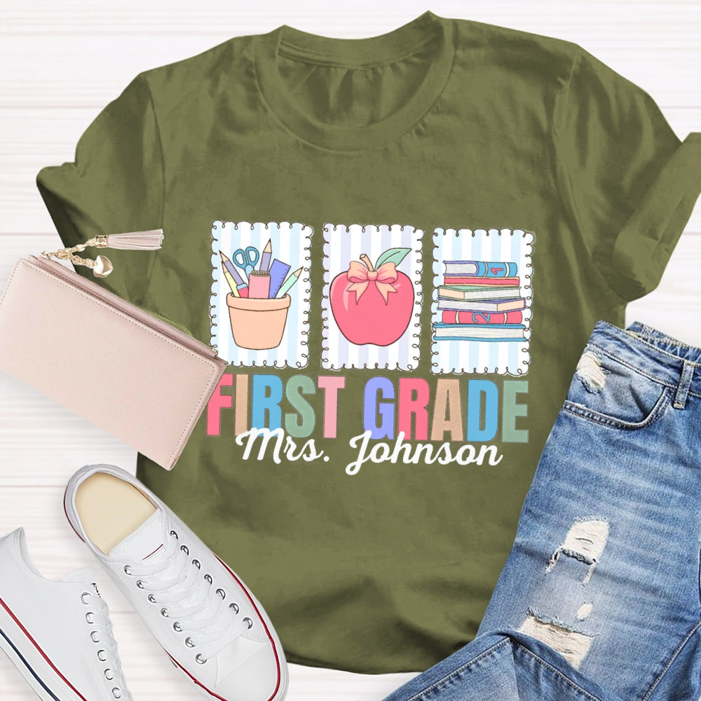 Personalized Name And Grade First Grade Apple And Books T-shirt
