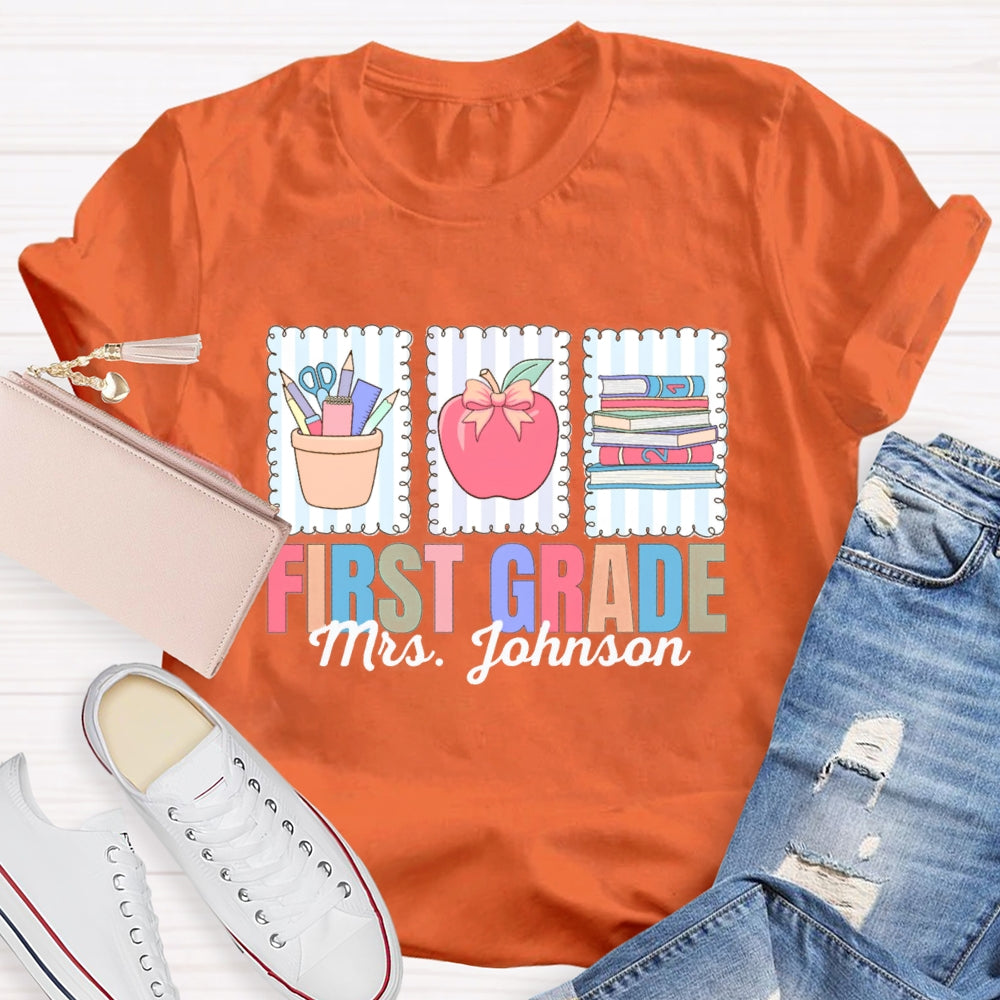 Personalized Name And Grade First Grade Apple And Books T-shirt