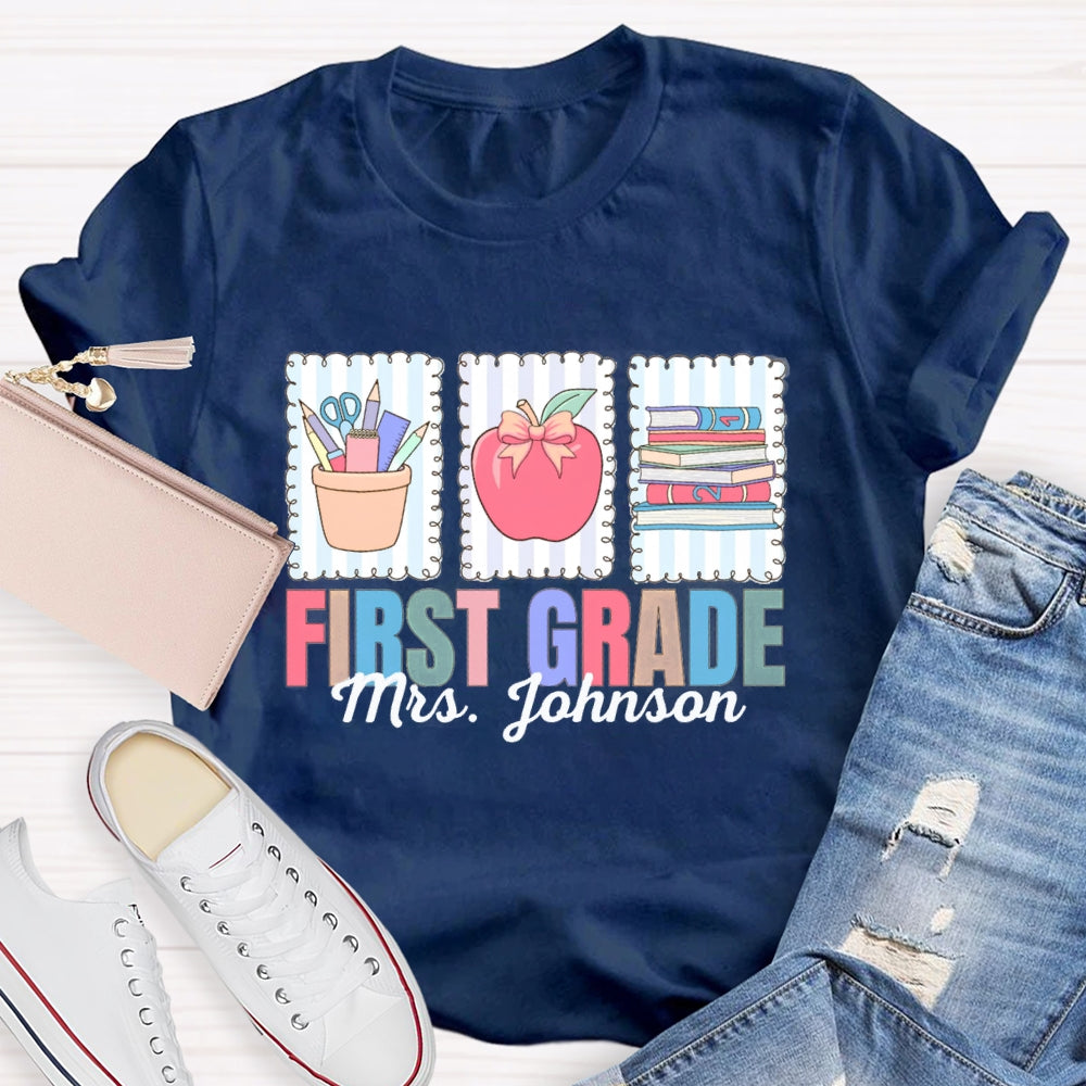 Personalized Name And Grade First Grade Apple And Books T-shirt