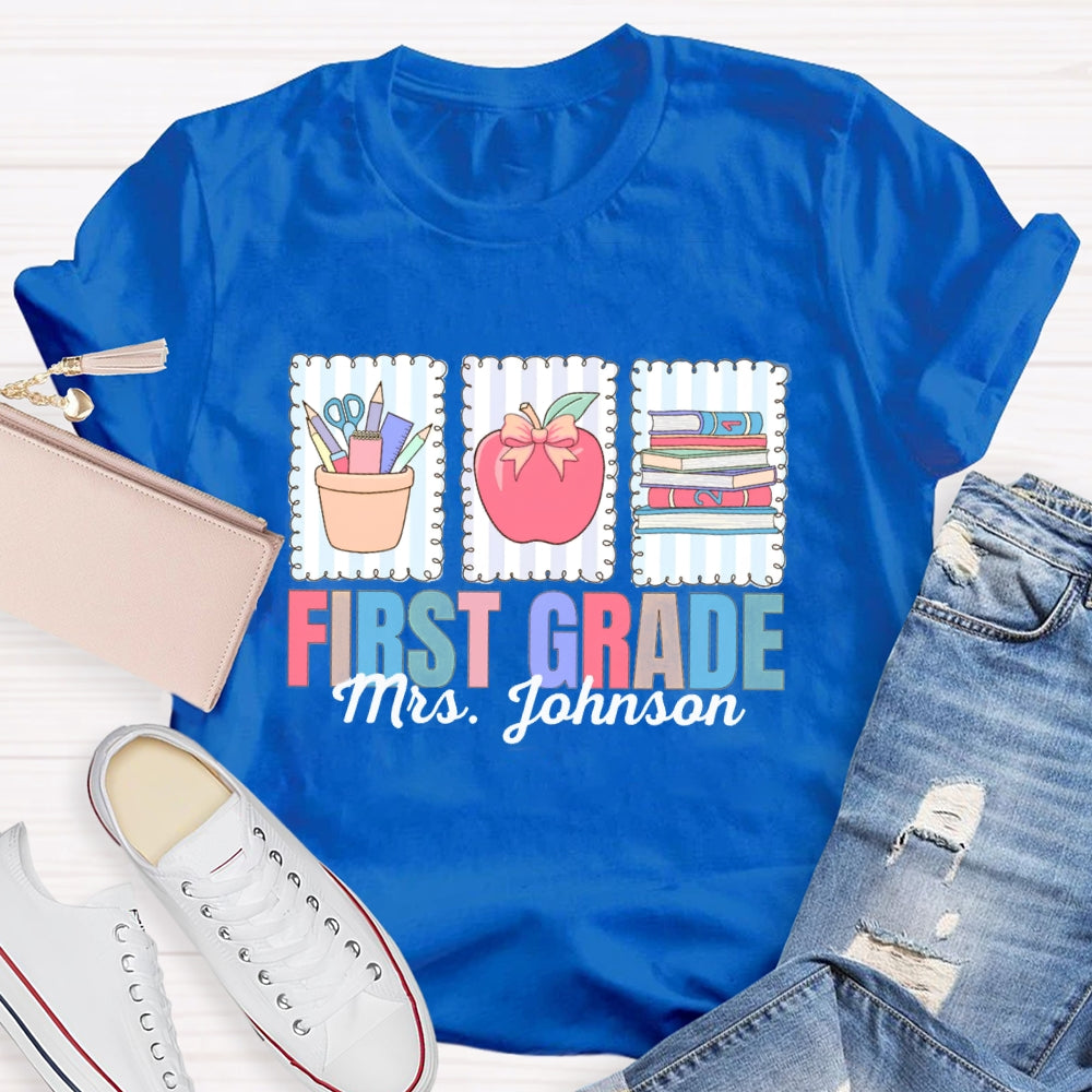 Personalized Name And Grade First Grade Apple And Books T-shirt