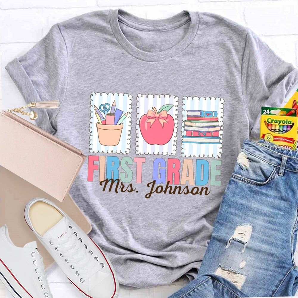 Personalized Name And Grade First Grade Apple And Books T-shirt