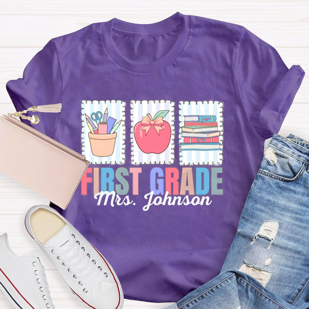 Personalized Name And Grade First Grade Apple And Books T-shirt