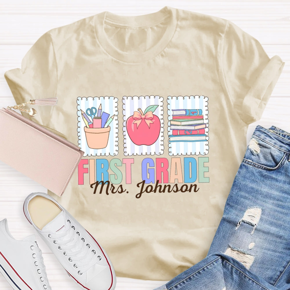 Personalized Name And Grade First Grade Apple And Books T-shirt