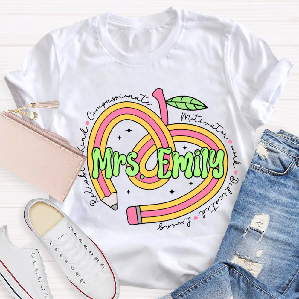 Personalized Name Pencil Heart Teacher T-shirt